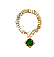 Glass Faceted Gold Link Chain Bracelet (Emerald)