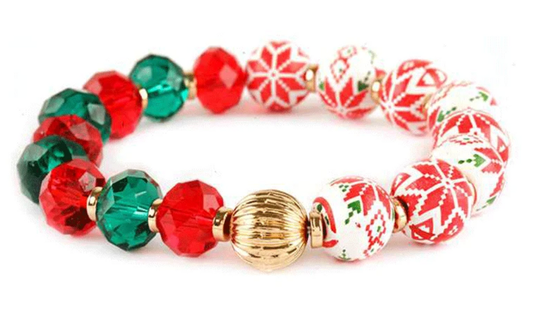 Wooden & Glass Beaded Christmas Bracelet