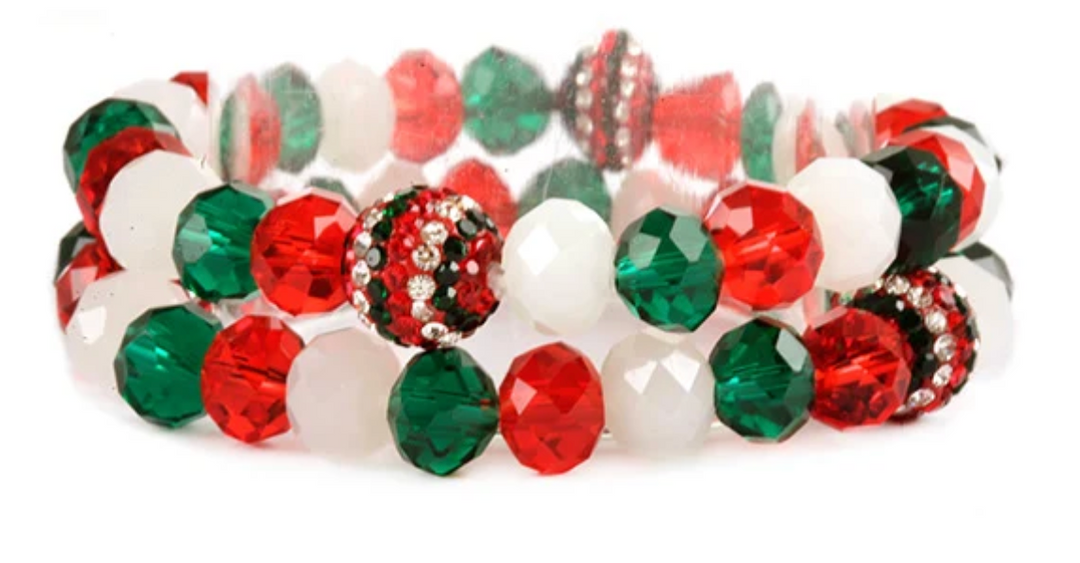 Glass Bead Pave Ball Christmas Elastic Bracelet