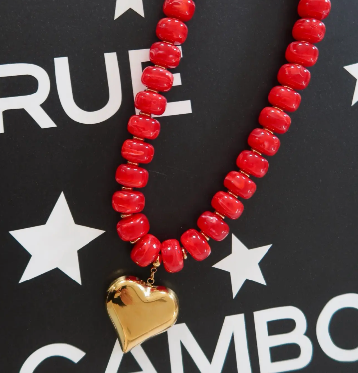 CHANSUTTPEARLS - Red Beaded Puff Heart Necklace