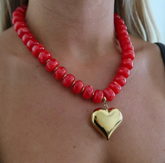 CHANSUTTPEARLS - Red Beaded Puff Heart Necklace
