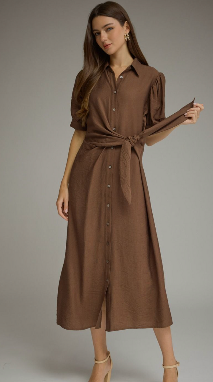 Gwen - Front Tie Midi Dress (Brown)