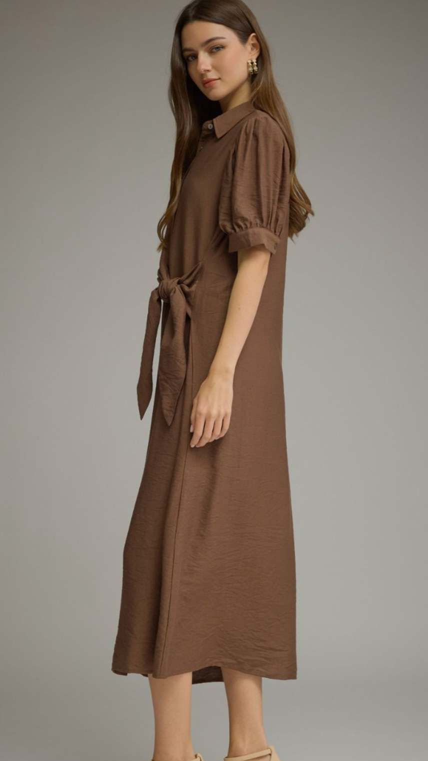 Gwen - Front Tie Midi Dress (Brown)