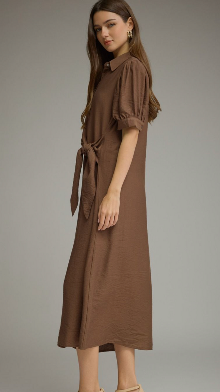 Gwen - Front Tie Midi Dress (Brown)
