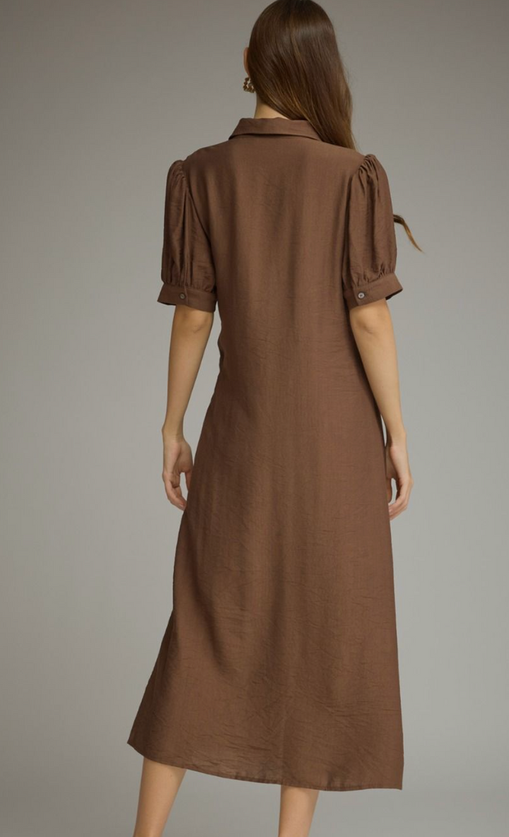 Gwen - Front Tie Midi Dress (Brown)