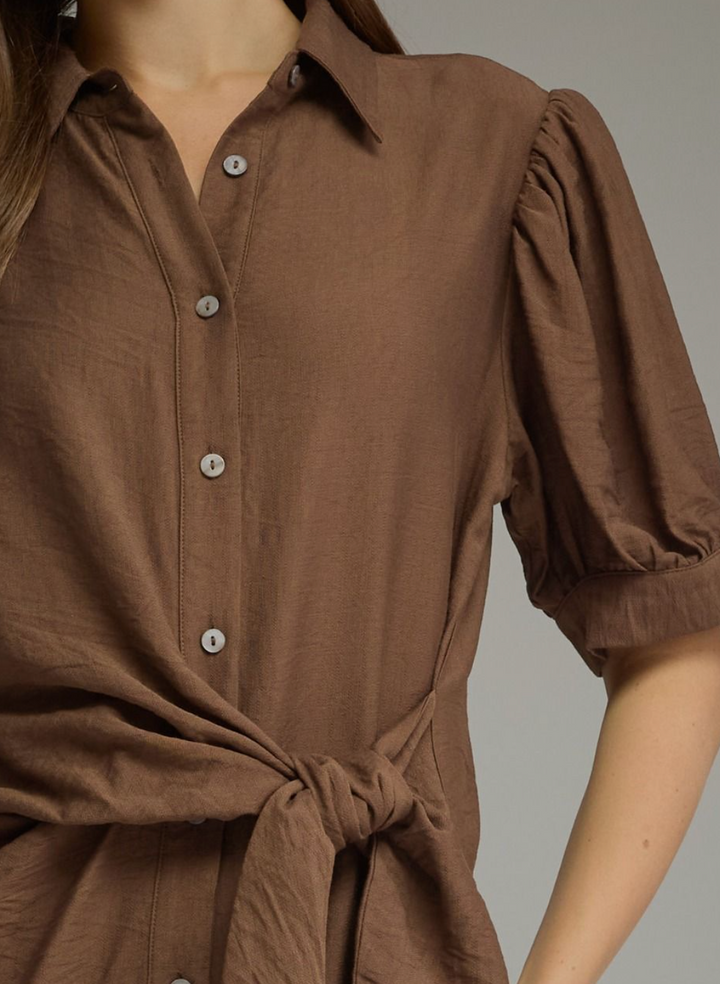 Gwen - Front Tie Midi Dress (Brown)