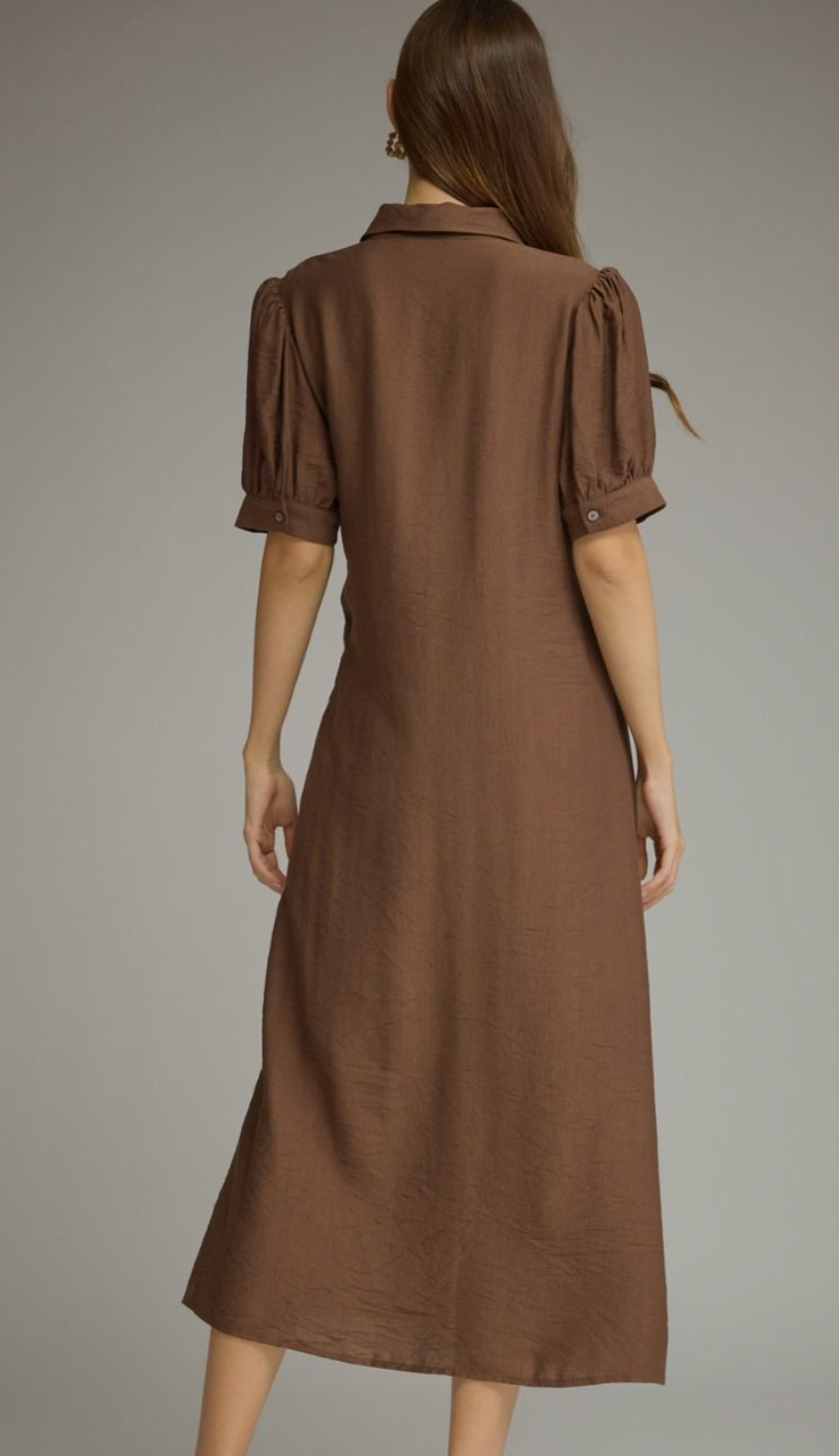 Gwen - Front Tie Midi Dress (Brown)