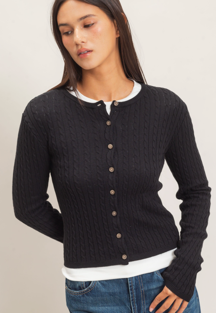 Lani - Cable Knit Sweater/Cardigan (Black)