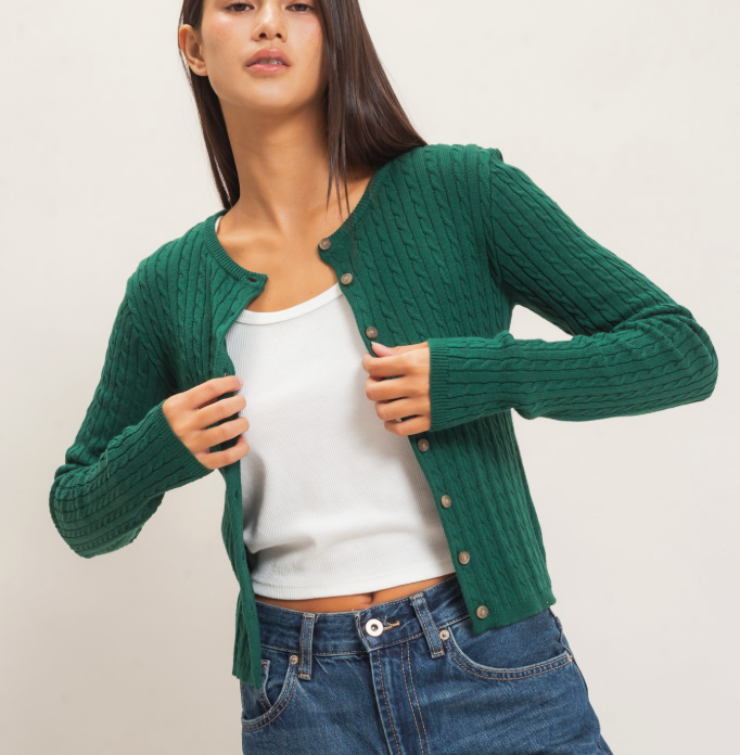 Lani - Cable Knit Sweater/Cardigan (Dark Green)