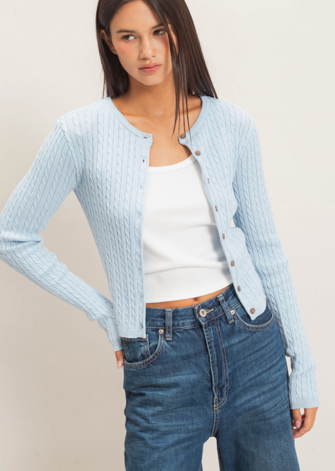 Lani - Cable Knit Sweater/Cardigan (Baby Blue)