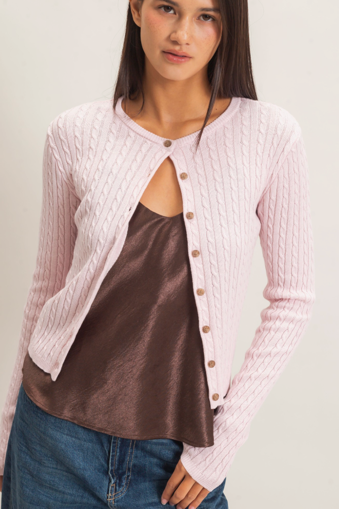 Lani - Cable Knit Sweater/Cardigan (Baby Pink)