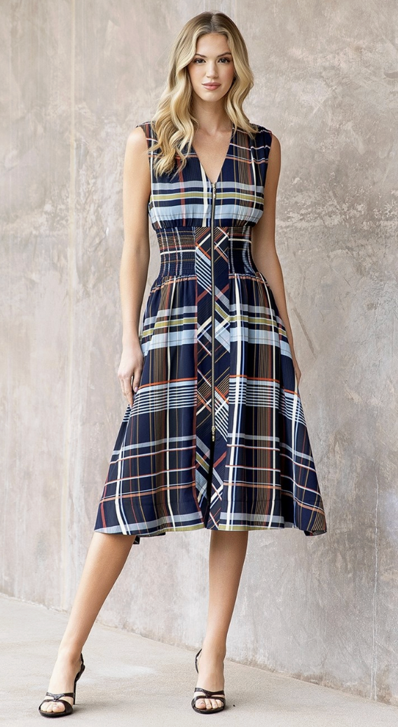 Petra - Plaid Zipper Front Midi Dress