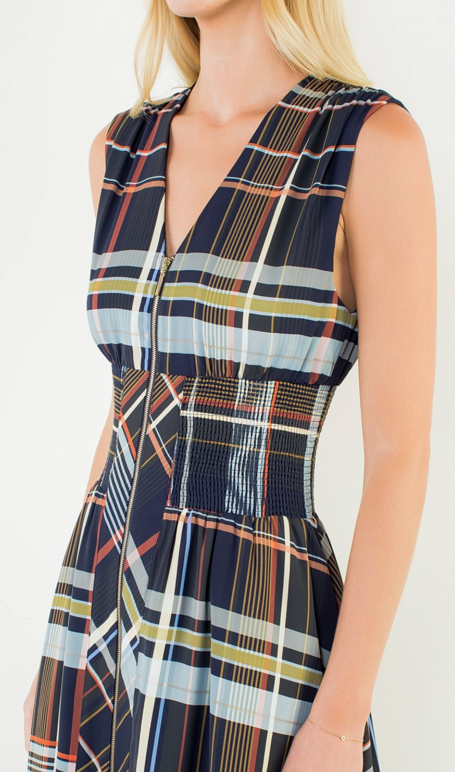 Petra - Plaid Zipper Front Midi Dress