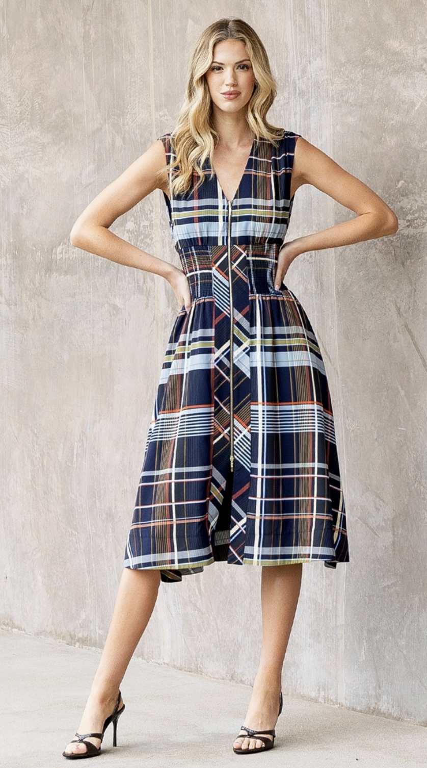 Petra - Plaid Zipper Front Midi Dress
