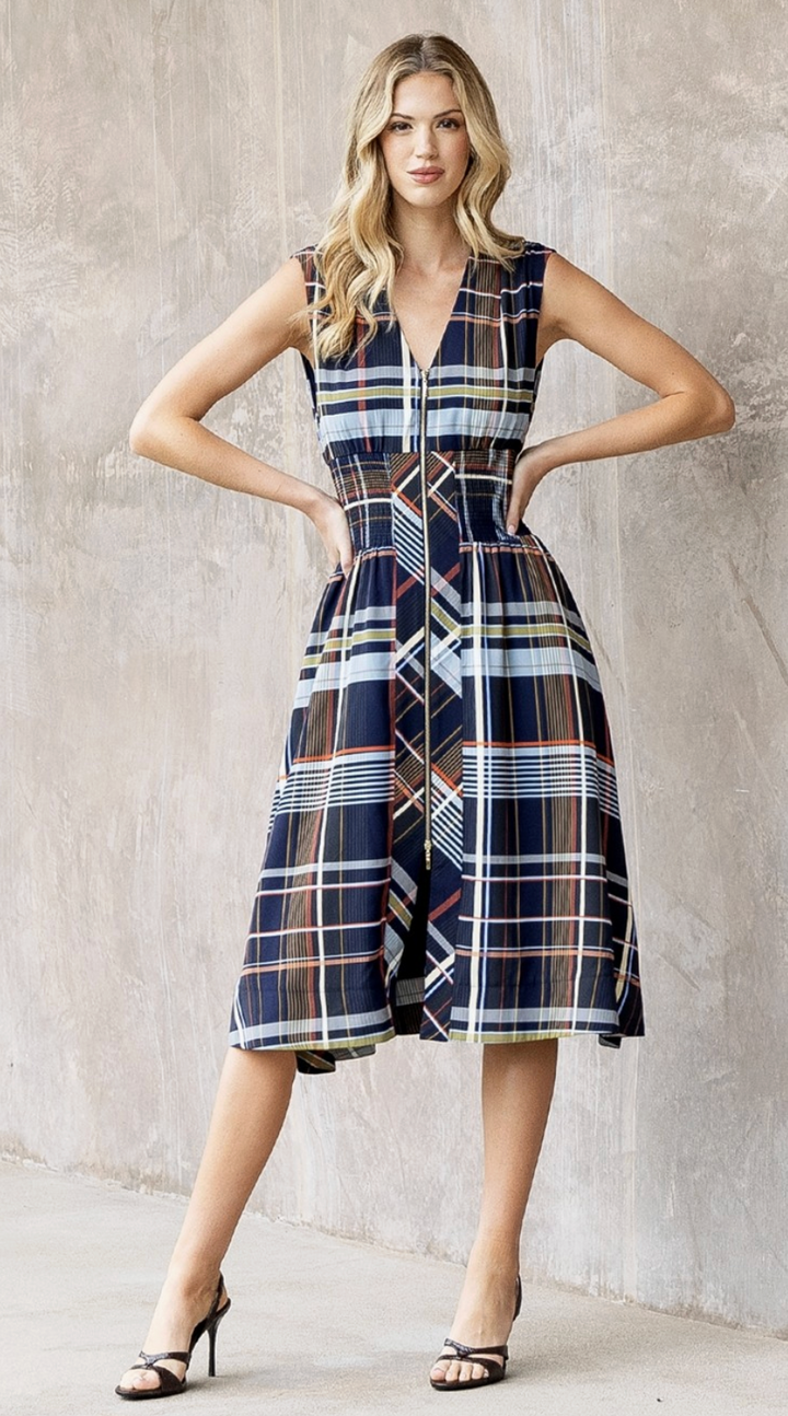 Petra - Plaid Zipper Front Midi Dress