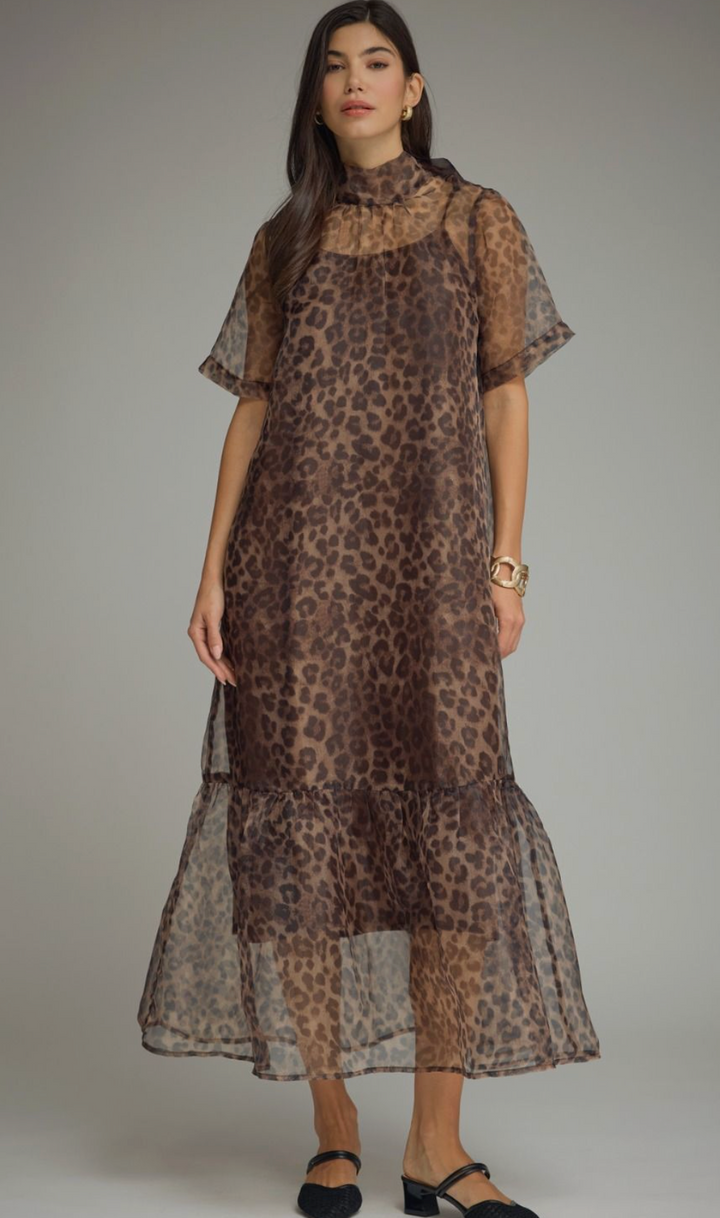 Talia - Sheer Leopard Print Midi Dress