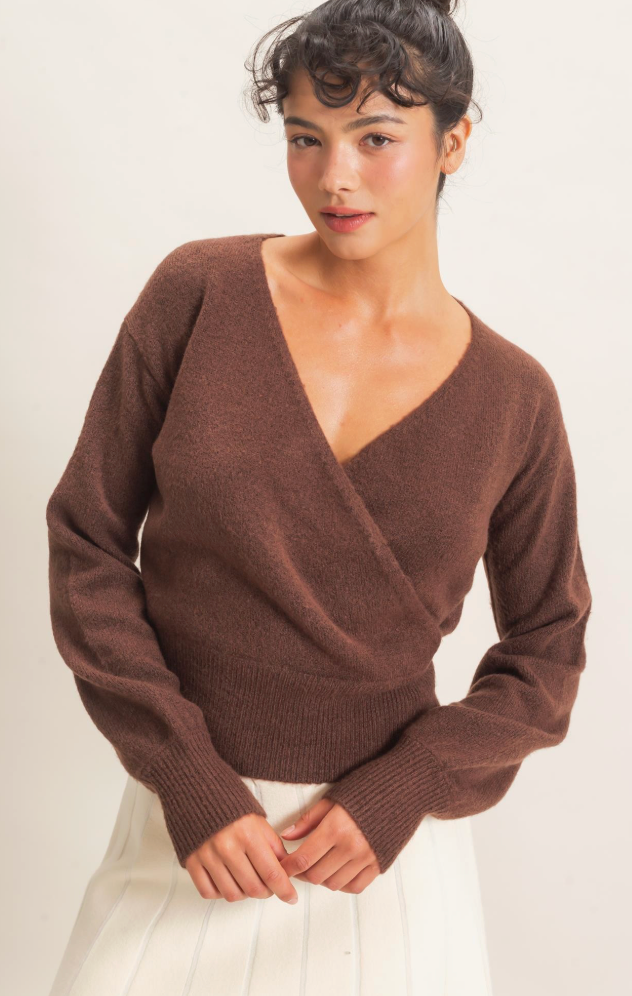 Marci - Faux Wrap Sweater (Brown)