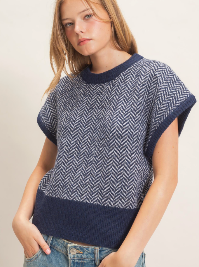 Hatti - Herringbone Cap Sleeve Sweater
