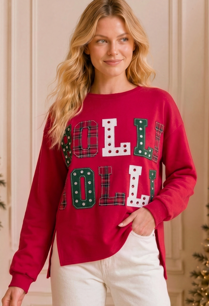 Holly Jolly Patchwork Graphic Holiday Sweatshirt