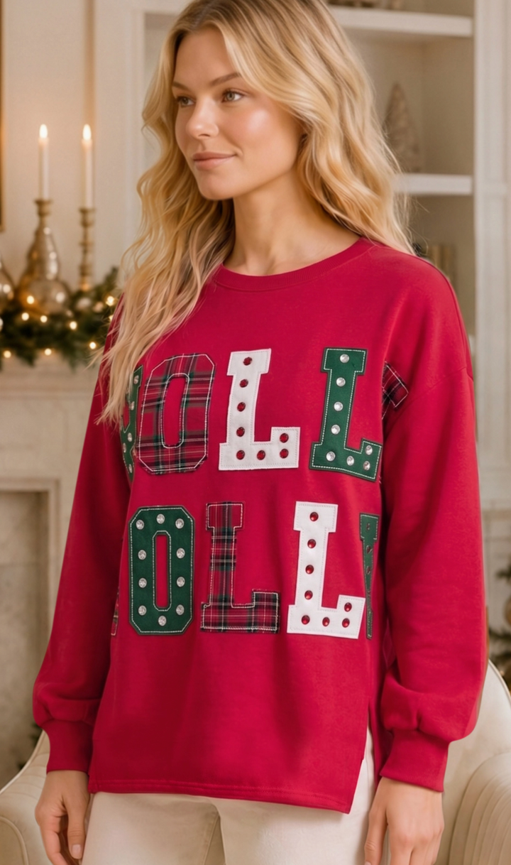 Holly Jolly Patchwork Graphic Holiday Sweatshirt