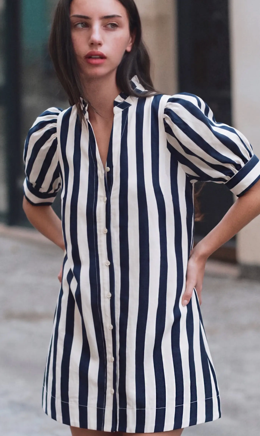 Bowie - Navy Striped Puff Sleeve Dress