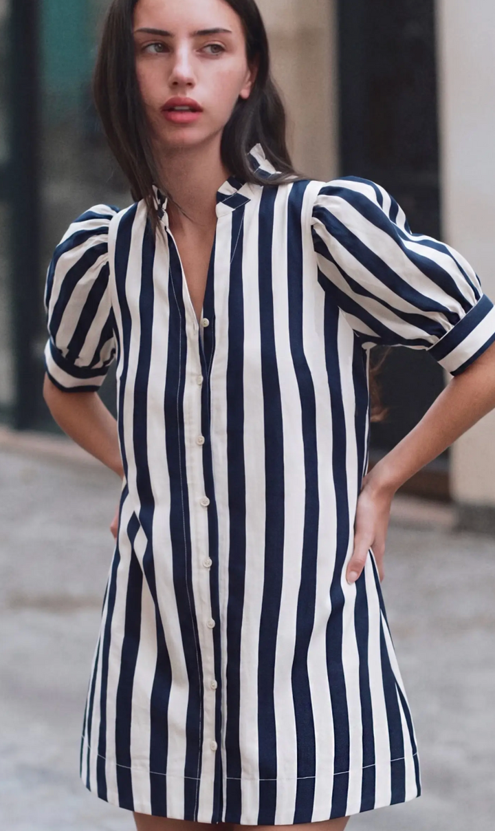 Bowie - Navy Striped Puff Sleeve Dress