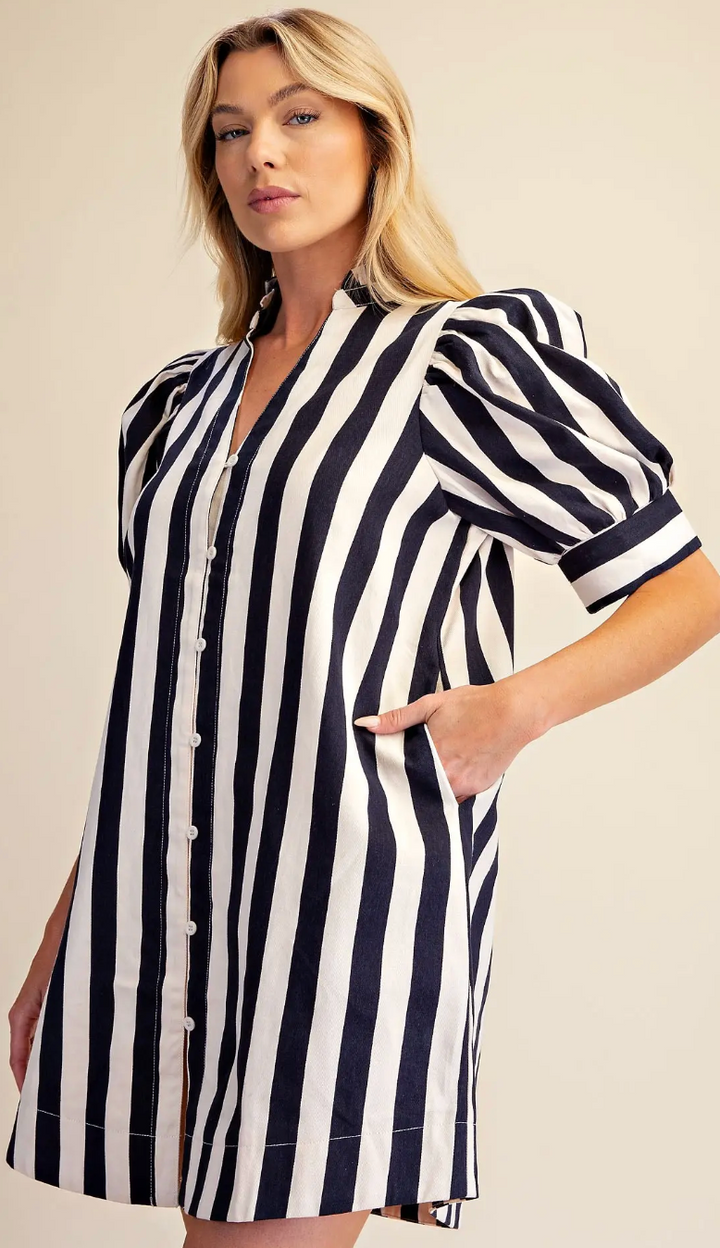 Bowie - Navy Striped Puff Sleeve Dress