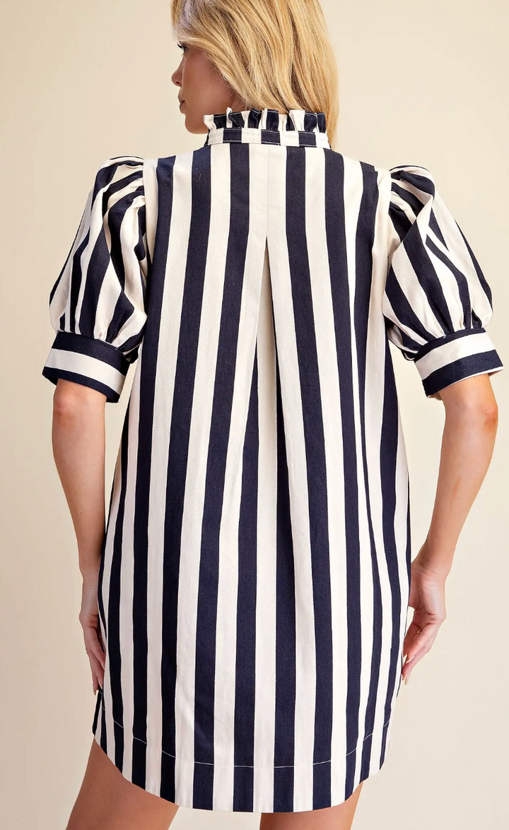 Bowie - Navy Striped Puff Sleeve Dress
