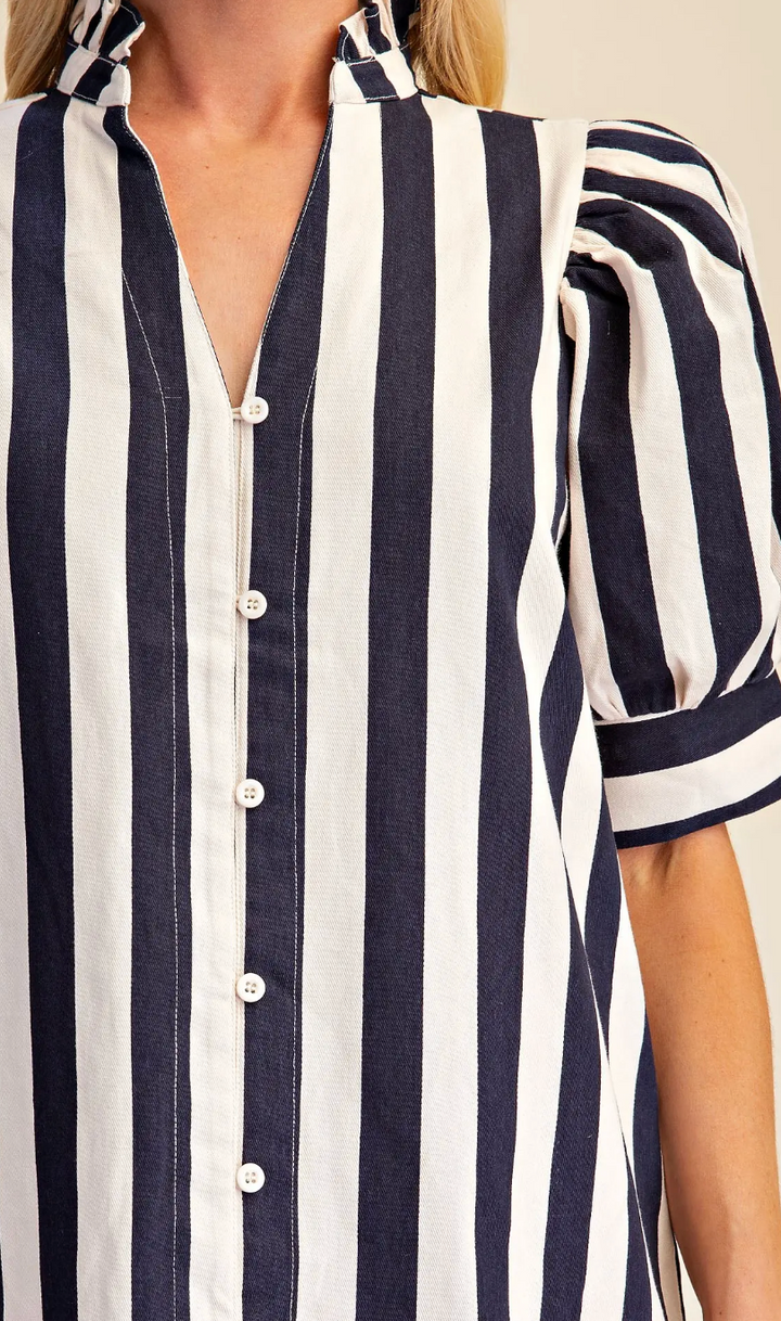 Bowie - Navy Striped Puff Sleeve Dress