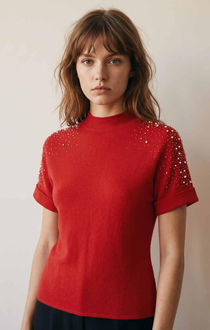 Krista - Embellished Knit Top (Red)