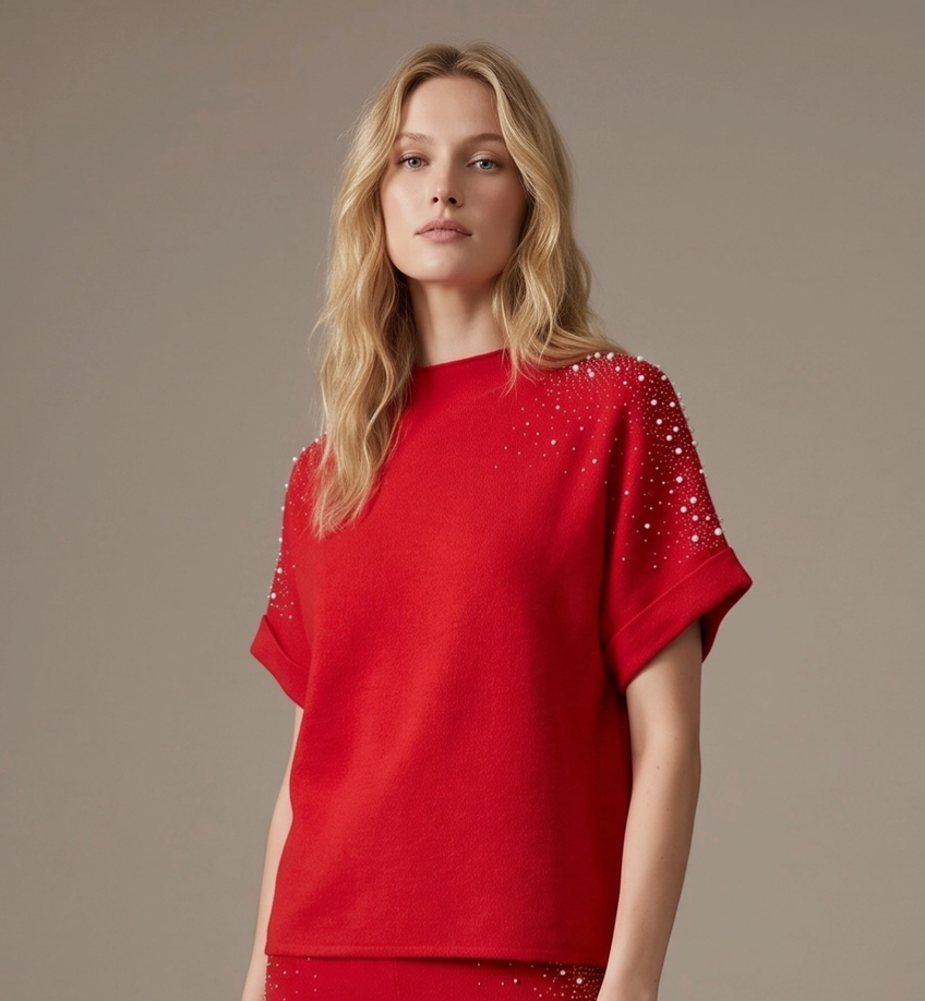 Krista - Embellished Knit Top (Red)