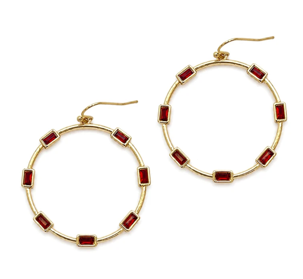 Baguette Rhinestone Hoop Earring (Red)