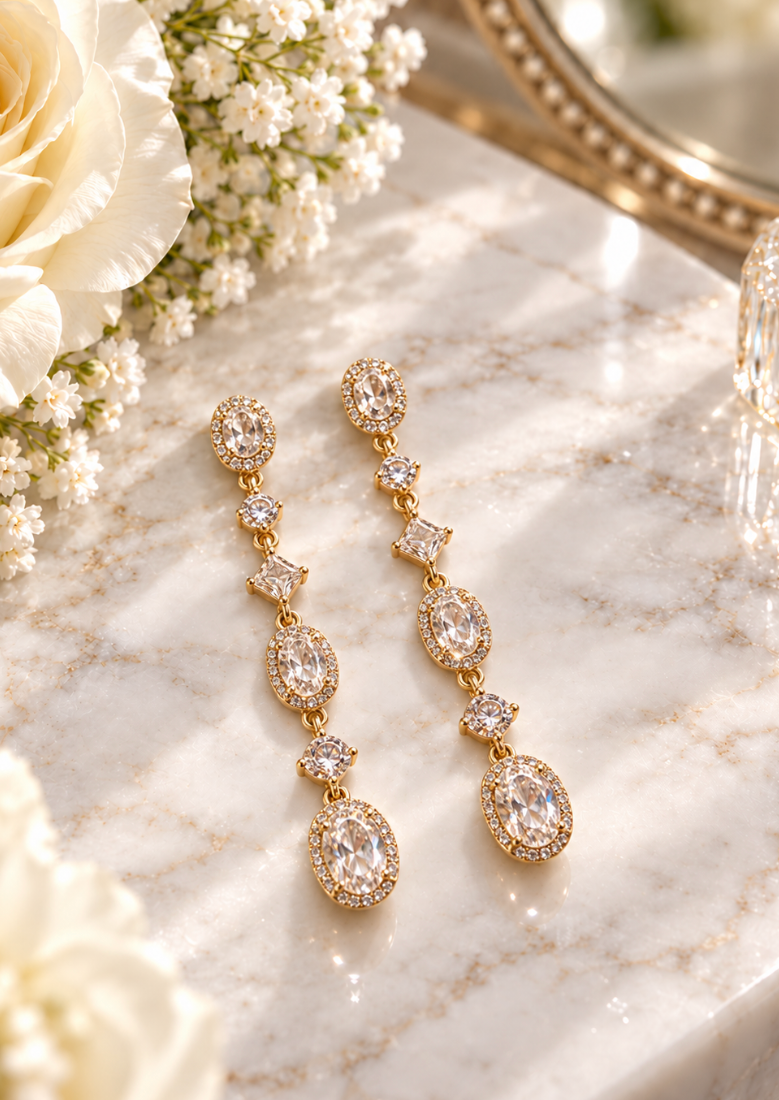Erika - Rhinestone Drop Earrings (Gold)