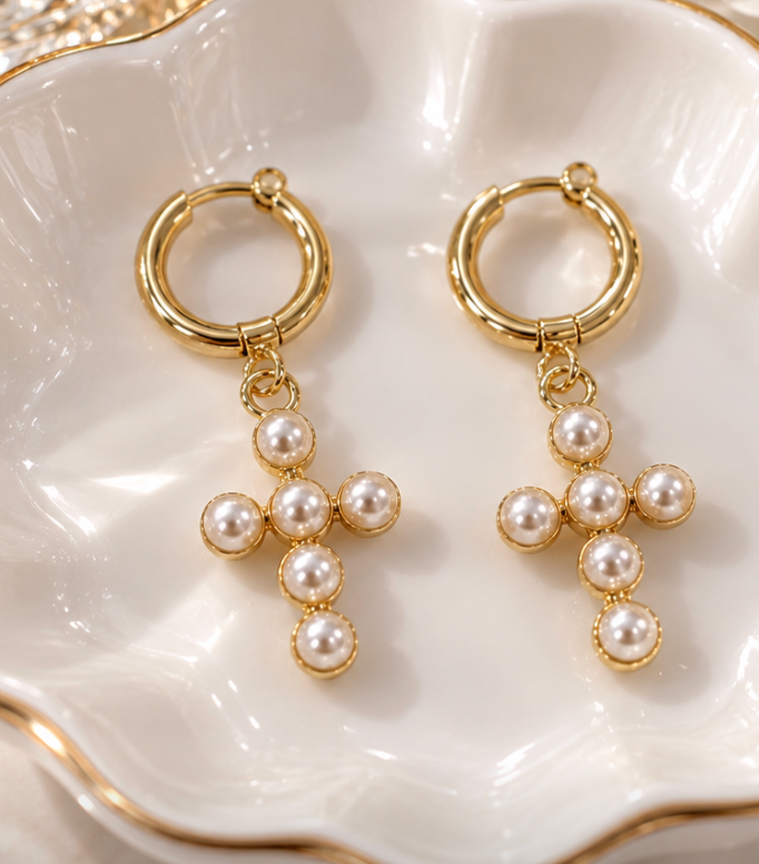 Poppi Luxe Pearl Cross Earrings