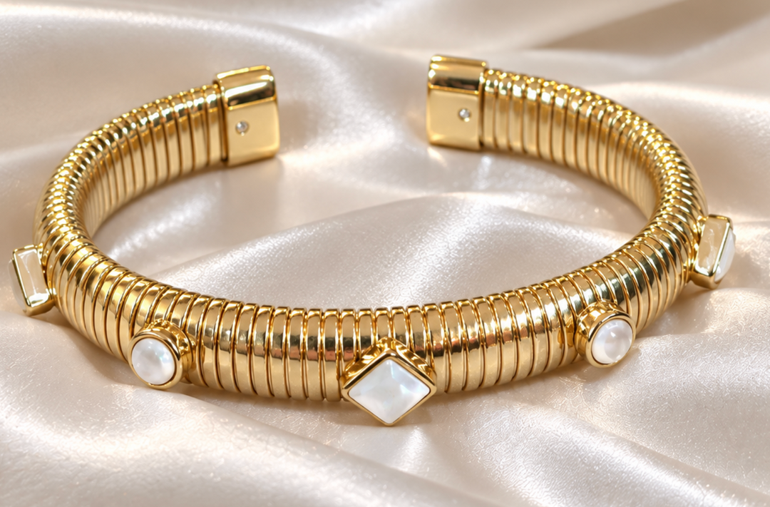 Gold Cobra Cuff with Pearlized Stones