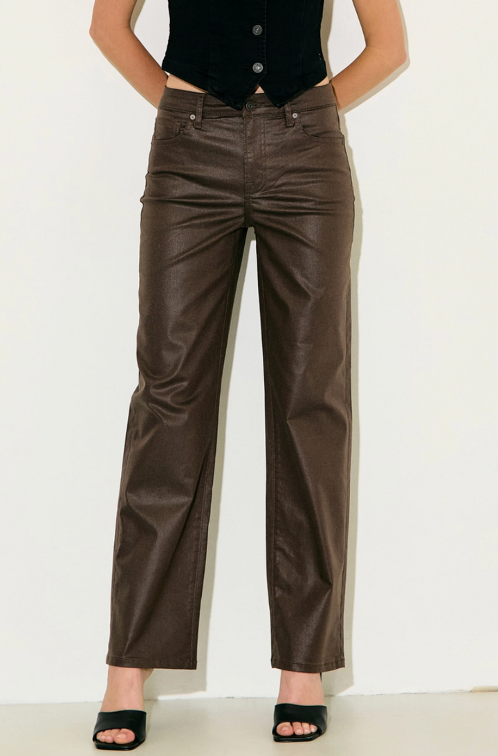 Brandi - Brown Coated Straight Leg Jeans