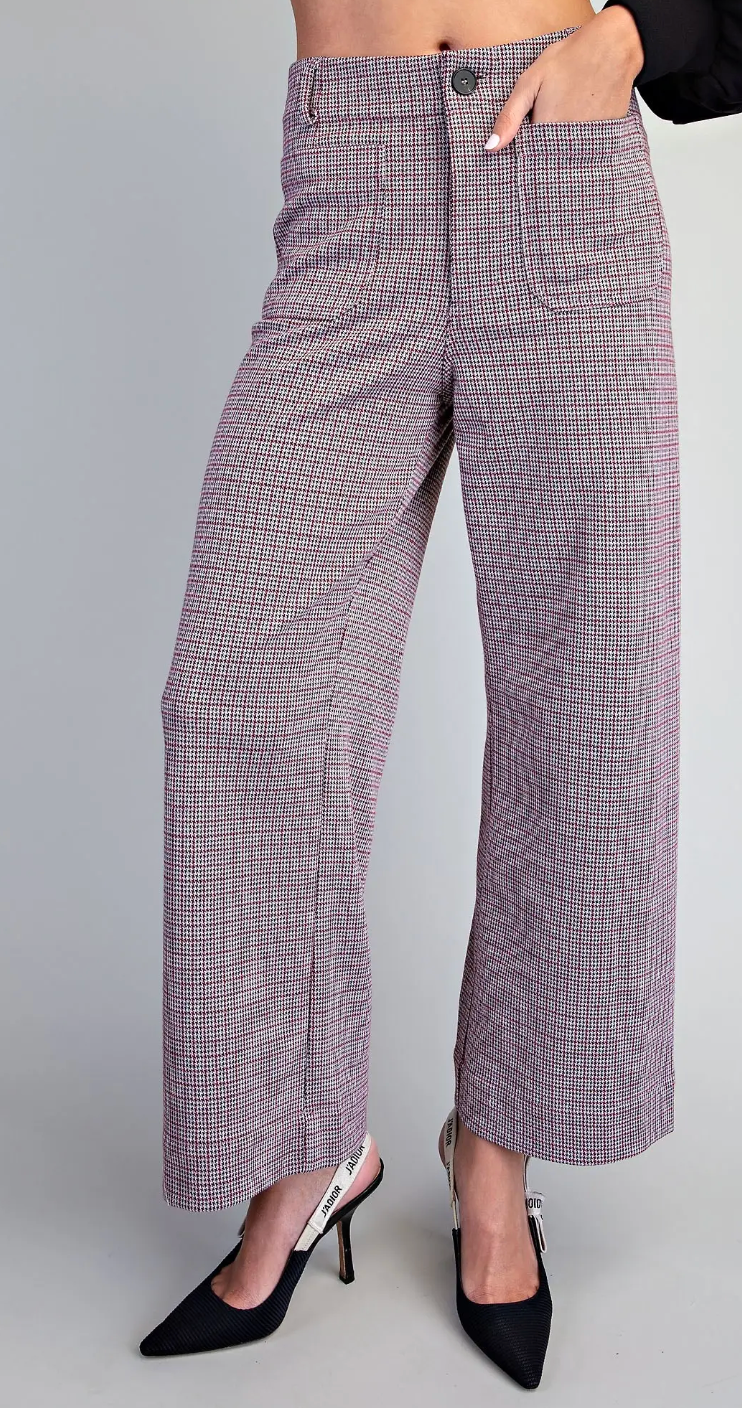 Blaine - Straight Leg Pants (Maroon Houndstooth)