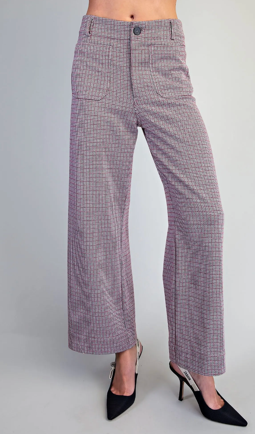 Blaine - Straight Leg Pants (Maroon Houndstooth)