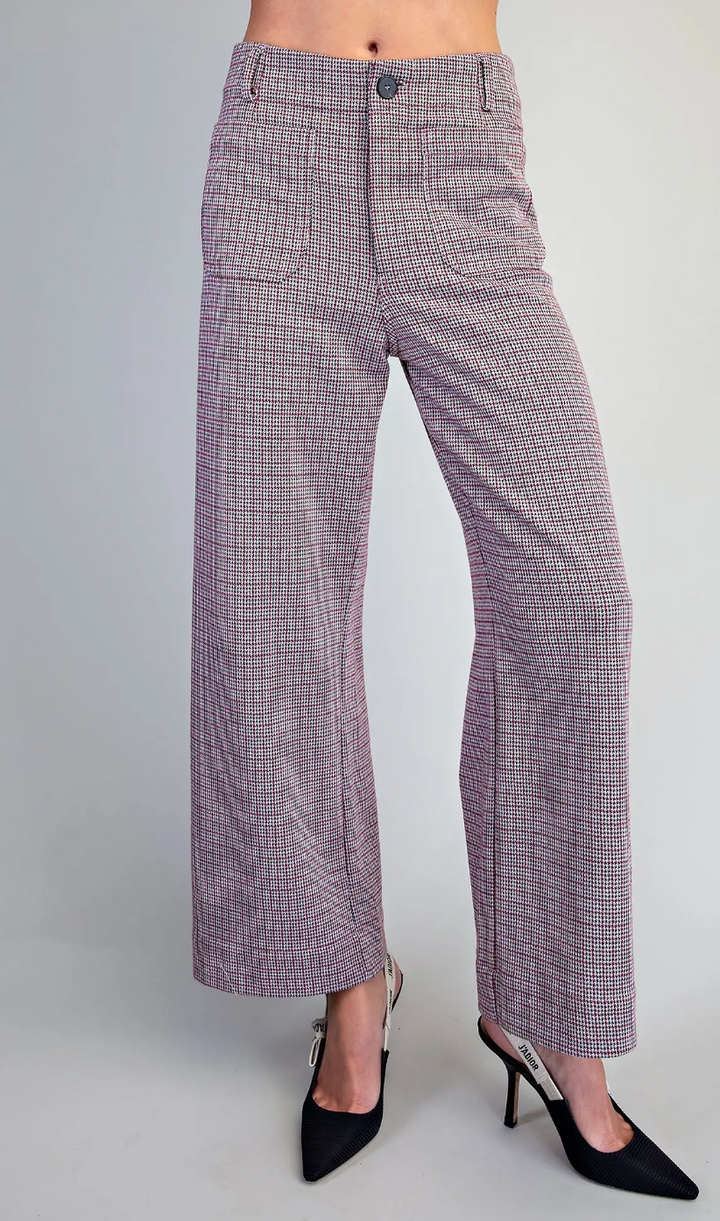 Blaine - Straight Leg Pants (Maroon Houndstooth)