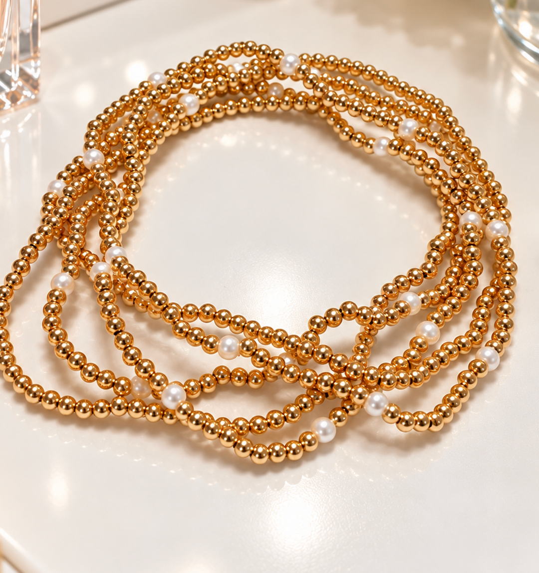 Evie - Gold Beaded Bracelet Stack of 5 (White)