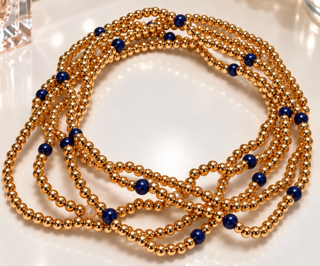 Evie - Gold Beaded Bracelet Stack of 5 (Navy)