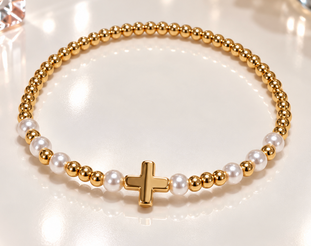 Lucy - Gold Beaded Pearl Cross Bracelet
