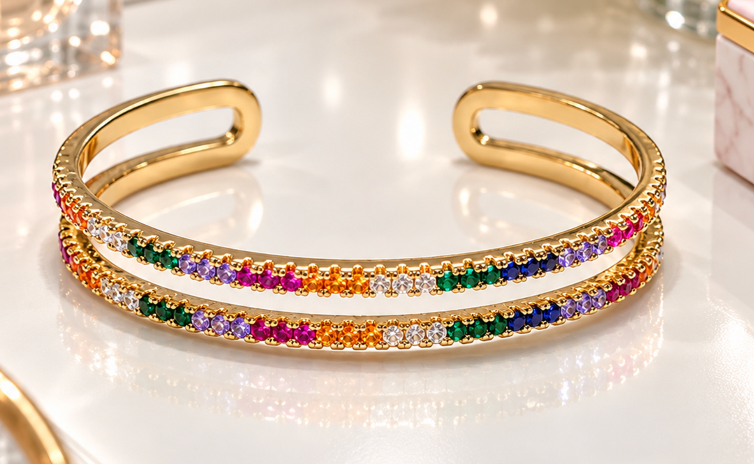 Clara - Gold Multicolor Pavé Double-Row Cuff Bracelet