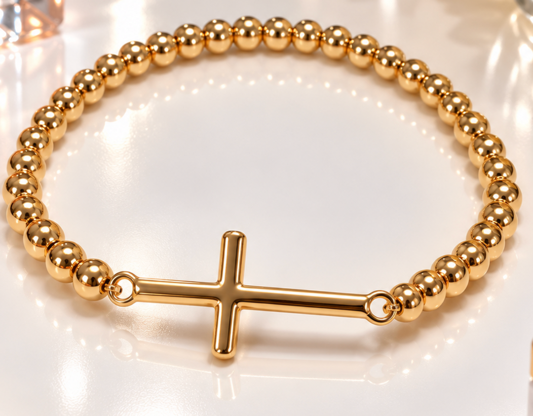 Posie - Gold Beaded Cross Bracelet