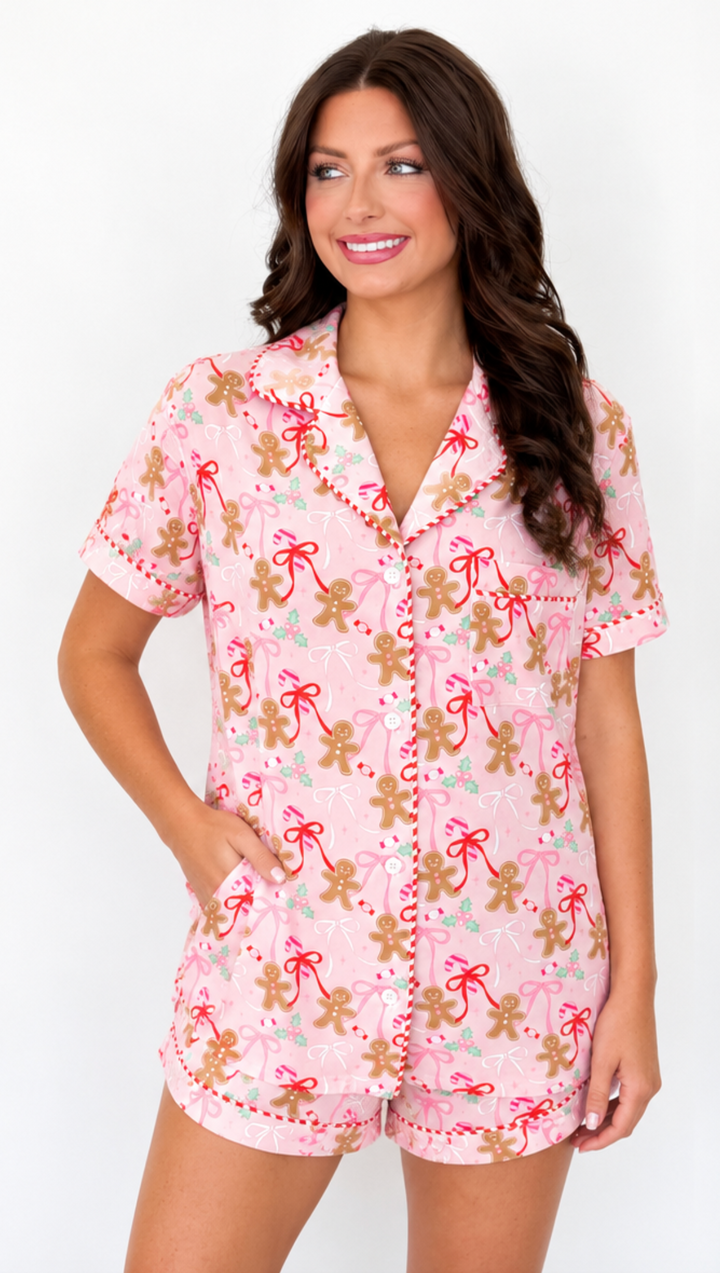 Christmas Pajama Short Set - Gingerbread Bows