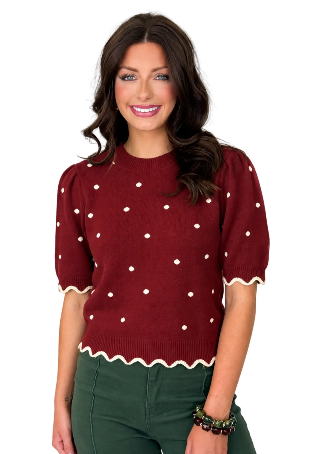 Lila - Scalloped Polka Dot Sweater (Maroon)