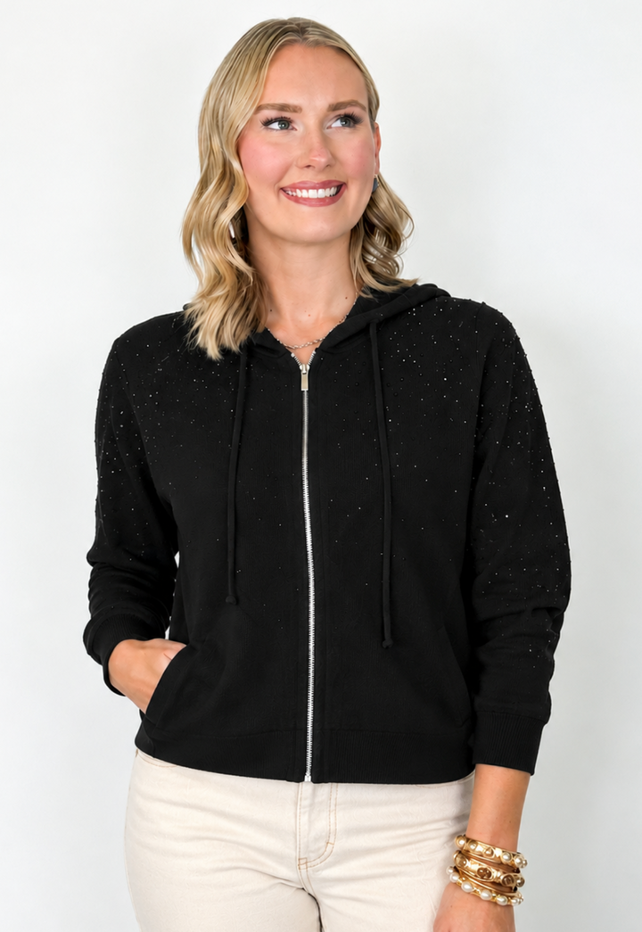 Laurie - Rhinestone Zip Up Knit Hooded