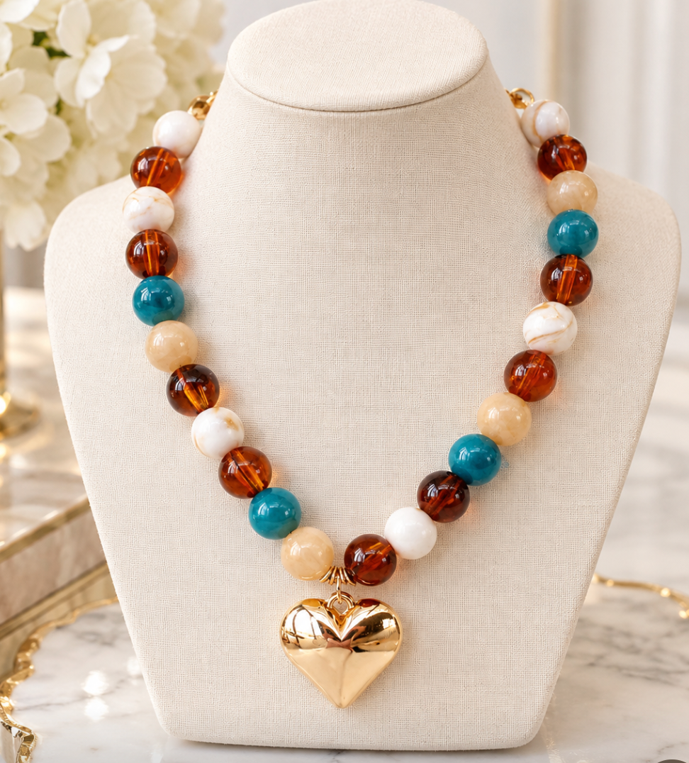 Ashli - Multi Color Beaded Heart Necklace (Teal)