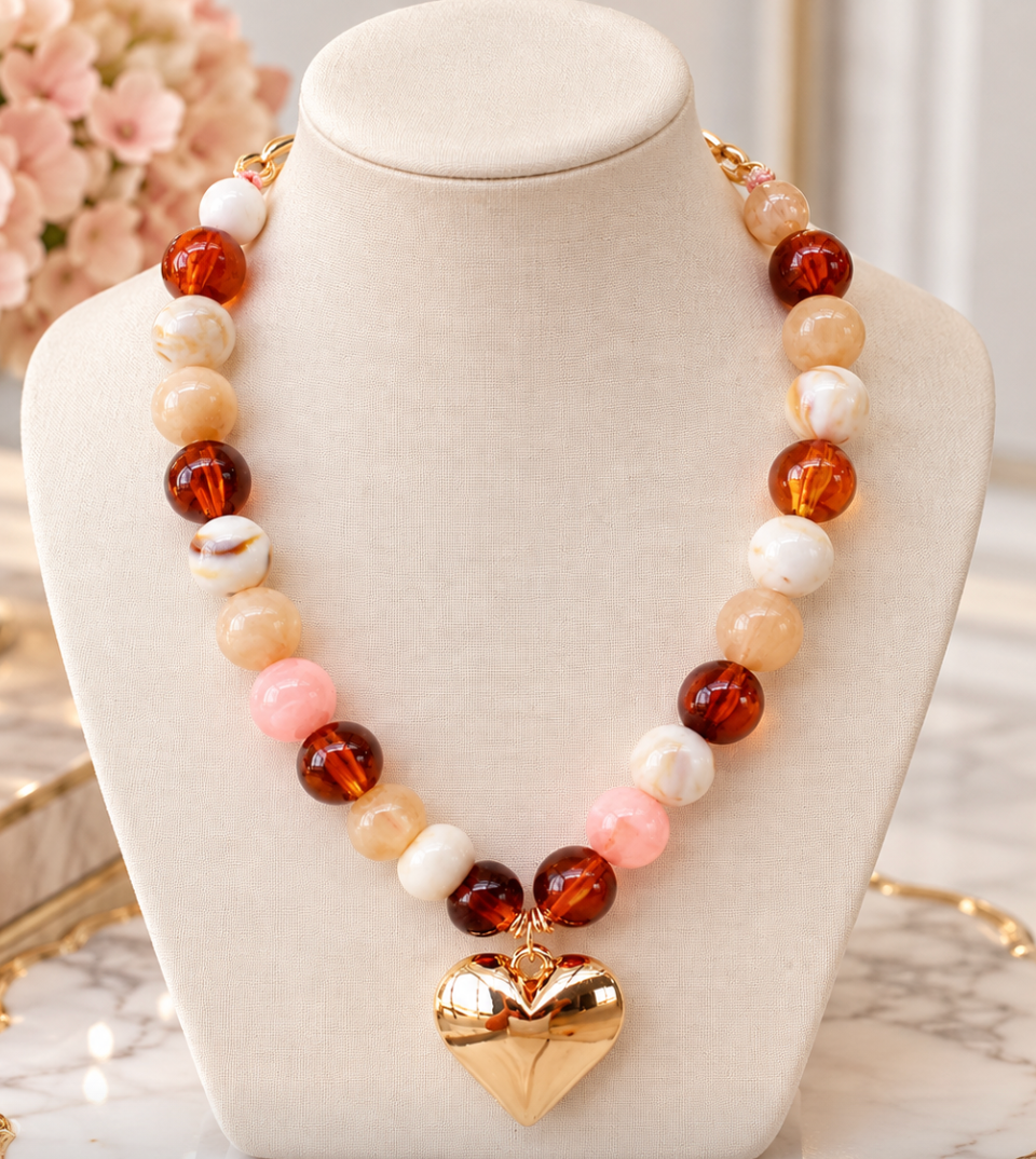 Ashli - Multi Color Beaded Heart Necklace (Pink)