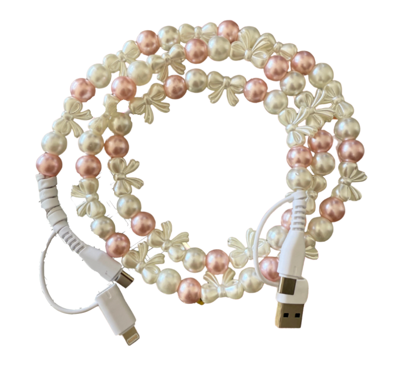 Car Charger - Pink & White Bow Pearl Beaded 4-in-1 Charger